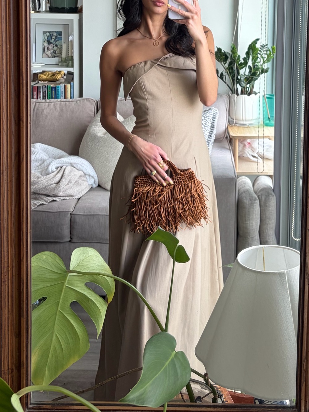 Taupe Bandeau Pleated Midaxi Dress